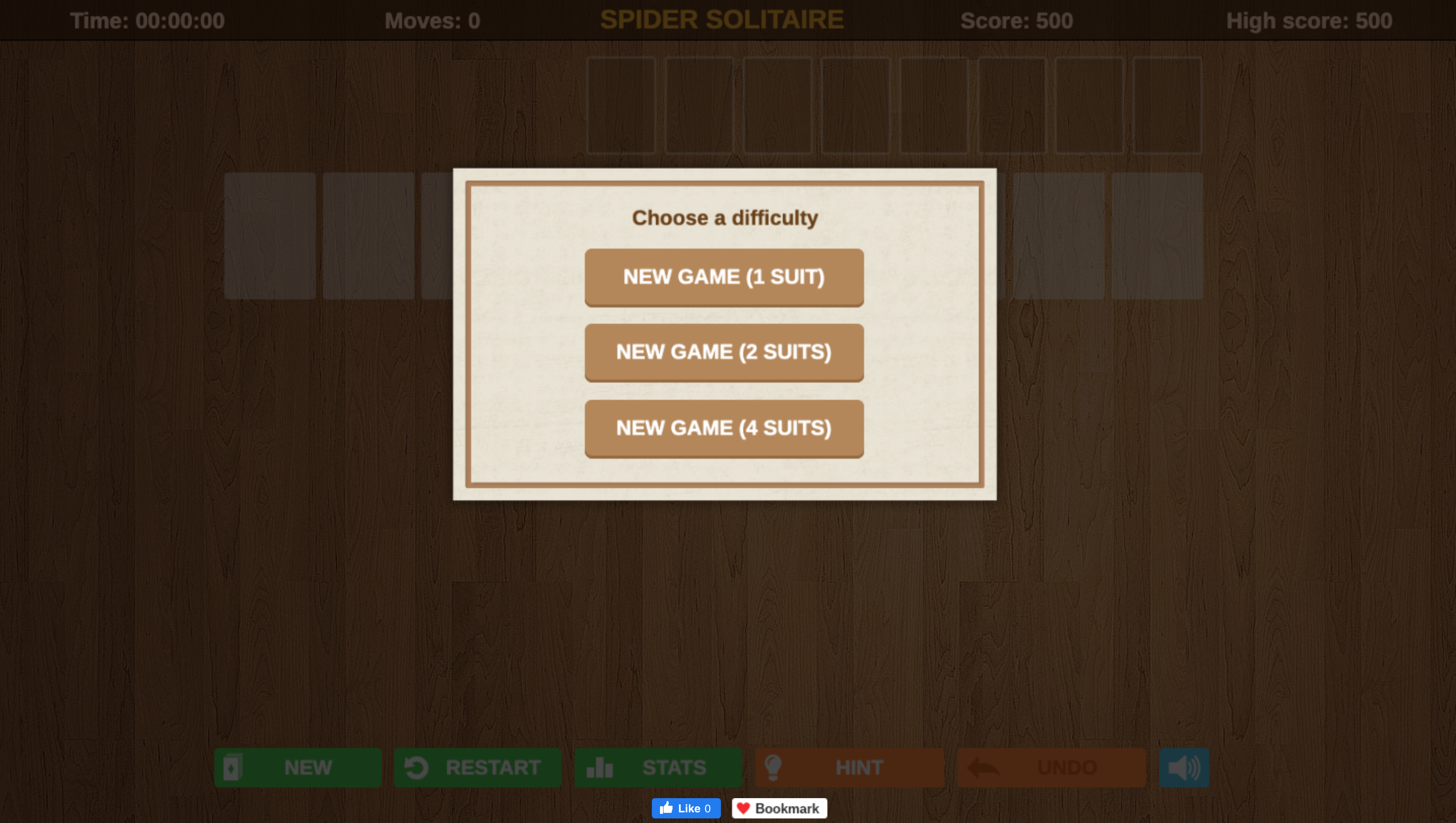 Choose Spider Solitaire difficulty level